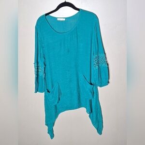 Indigo Soul Gauze Crochet Detail Sharkbite Minimalist Boho Tunic, Large